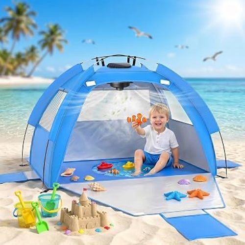 Baby Beach Tent with Fan, Portable Sun Shade Shelter for Baby & Toddler, 190T Silver Coated Kids Beach Tent with Solar Misting Fan for Beach, Pool, Park & Travel