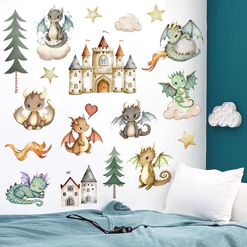 3D Cartoon Dinosaurs Wall Decals Cute Baby Dinosaur Castles Wall Stickers DIY Removable Watercolor Dinosaurs Green Trees Shiny Stars Cloud Decor for Kids Baby Bedroom Living Room Nursery DT-A10