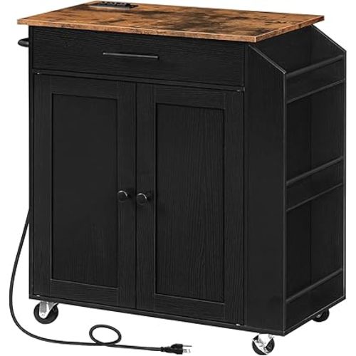 HOOBRO Kitchen Island with Power Outlet, Storage Island with Spice Rack and Drawer, Rolling Kitchen Cart on Wheels, for Home, Dining Room, Rustic Brown and Black