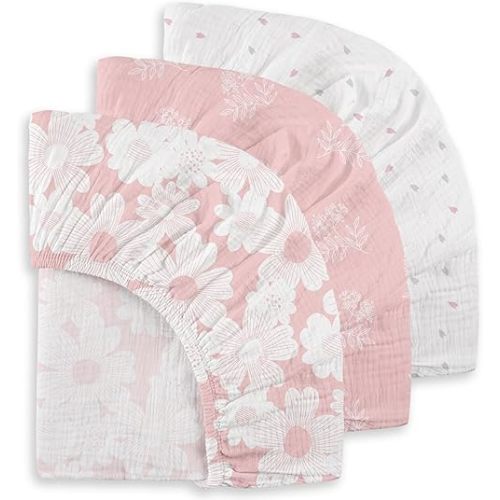 Gllquen Baby Muslin Mini Crib Sheets 3 Pack, Breathable Pack and Play Sheets Fitted Soft Cozy Cotton Pack N Play Sheets for Baby Boy Girls, Universal Fitted Mini Crib Mattresses 38"X26" (Pink)