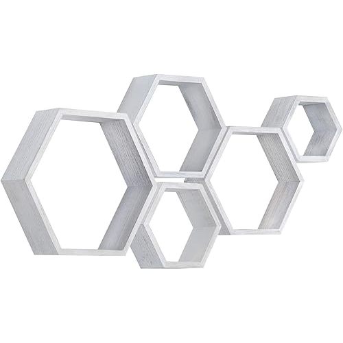 PHOENANCEE Hexagon Floating Shelves,Wall Mounted Wood Farmhouse Storage Honeycomb Wall Shelf Set of 5,for Bathroom, Kitchen, Bedroom, Living Room,Office,Driftwood Finish (Weathered White)