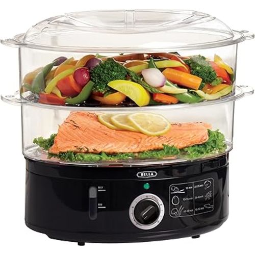 BELLA Two Tier Food Steamer with Dishwasher Safe Lids and Stackable Baskets & Removable Base for Fast Simultaneous Cooking - Auto Shutoff & Boil Dry Protection, Stainless Steel, 7.4 QT, Black