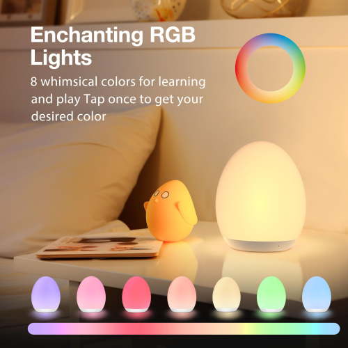 Baby Night Light for Nursery, Rechargeable Egg Lamp with 7 Color Changing Modes & Stepless Dimming, Touch Control for Breastfeeding, 1H Timer, BPA Free Kids Bedside Light, White