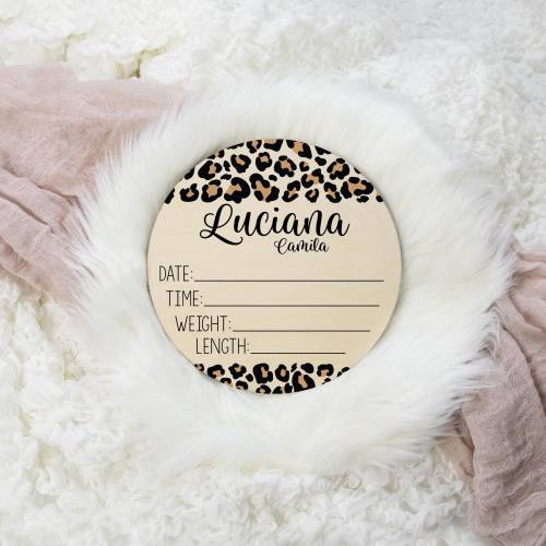 Leopard Print Birth Stat Sign, Round Wood Birth Stat Sign, Tiger Birth Stat Sign, Leopard Print Stat Sign, Personalized Birth Stat Sign G84