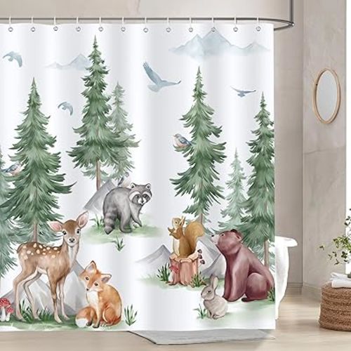 Bonhause Woodland Animals Shower Curtain Forest Pine Tree Bear Deer Fox Kids Decorative Bath Curtain 72 x 72 Inch Polyester Fabric Waterproof Bathroom Curtain with 12 Hooks