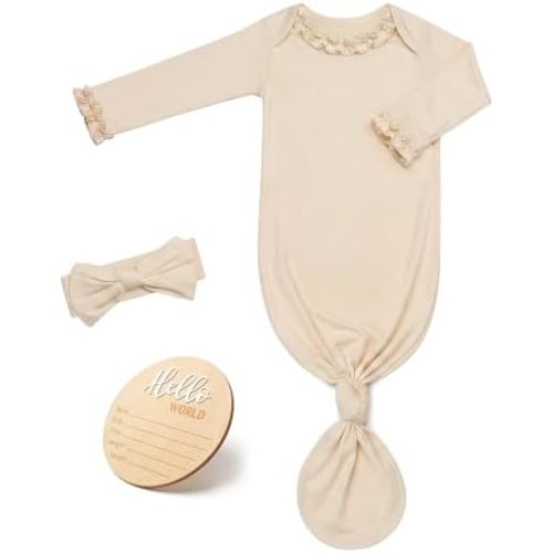 Newborn Knotted Gown for Baby Girls with Ruffle Neck & Sleeves, Newborn Sleepers Outfit with Bow Headband & Announcement Sign