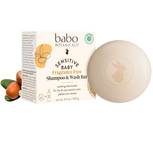 Babo Botanicals Sensitive Baby Fragrance-Free 2-in-1 Shampoo & Wash Bar - Shea Butter, Calendula & Aloe Vera - EWG Verified - Cruelty-Free - Vegan - Pediatrician Tested - For Babies & Kids