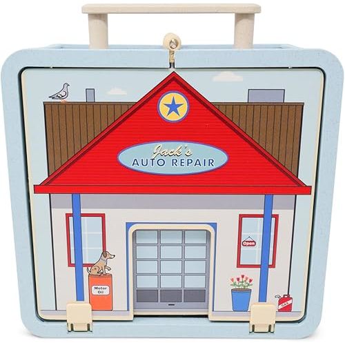 Jack Rabbit Creations Auto Garage Suitcase Playset 16 Eco-Friendly Wooden Figures- Travel Toys- Includes Mechanics, Cars, Lifts, Gas Pump, Oil, Lifts and Tires- Boys and Girls 3+