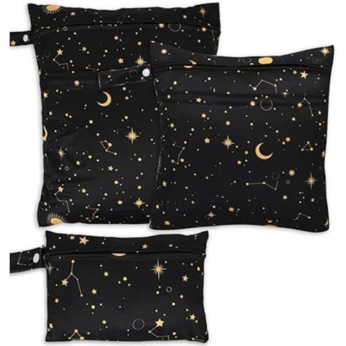 3pcs Cloth Diaper Wet Dry Bags Waterproof Reusable Wet Bag with 2 Zipper Pockets & Handle Washable Laundry Bags for Travel Beach Pool Daycare Yoga Gym Exercise Swimsuits