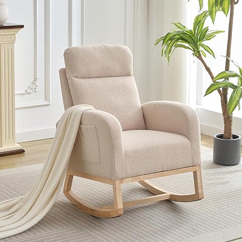 Rocking Glider Chair for Nursery, Wingback Accent Rocker Chair Upholstered Tall Back Arm Chair w/Side Pockets, Ursing Rubber Wood Legs and Side Pocket for Living Room, Bedroom