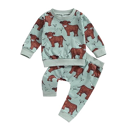 Dewadbow Western Baby Boy Girl Clothes Highland Cow Print Outfit Long Sleeve Sweatshirt Top Elastic Waist Pants Outfit Set
