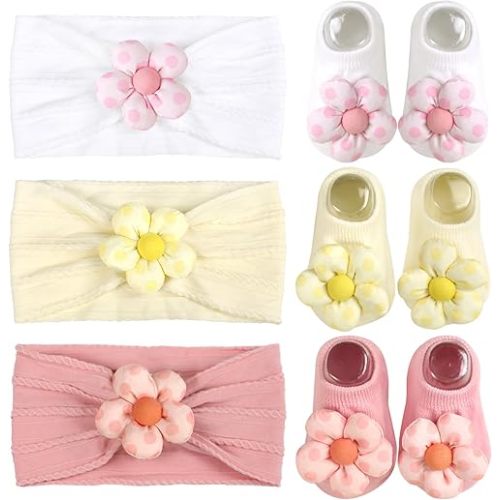 MIUXUESO Baby Girls Headbands and Socks Newborn Flower Hairbands Non-Slip Grips Socks Nylon Hair Accessories Infants and Toddlers (Pink, 6-12 Months)