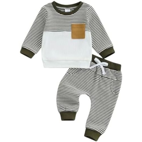 Toddler Baby Boy Fall Clothes Waffle Outfit Long Sleeve Color Blocking Sweatshirt Pullover Jogger Pant Set