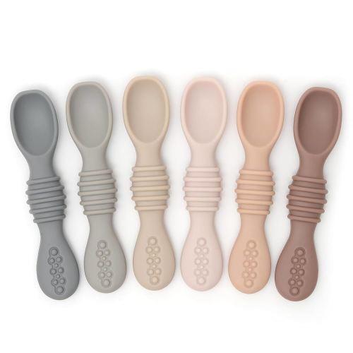 PrimaStella Silicone Chew Spoon 6-Piece Set | First Stage Feeding Spoons | Baby Led Weaning Supplies | BPA Free | Dishwasher and Boil Safe | Neutral Palette