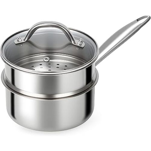Stainless Steel Sauce Pan - Small Cooking Pot with Steamer Basket for Steamed Vegetables