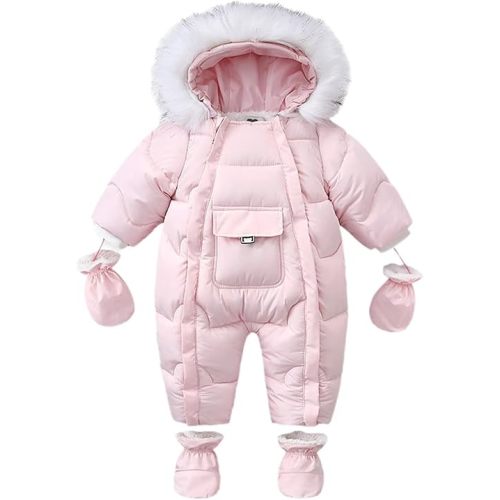 Baby Snowsuit Toddler Winter Unisex Romper Infant Girls Boys Solid Hooded Jumpsuit with Gloves Footie Down Coat Jacket