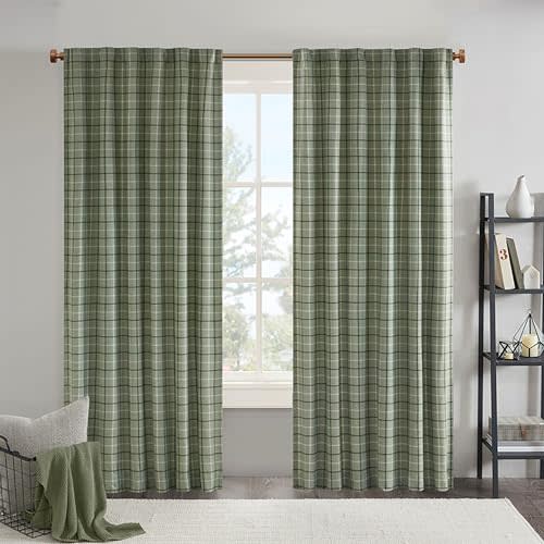 Madison Park Anaheim Cabin Plaid Curtain Window, Thermal Insulated Fleece Lining, Living Room Decor Room Darkening Drape for Bedroom, 1-Single Panel Pack, 50" x 95" Faux Leather Tab, Green