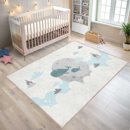Whale Crawling Rug - Beige Mat - Moon Skid Proof Carpet for Kid's Room - Clouds Toddler Runner - Sky Playroom Rug - Castle Tammy Time Mat