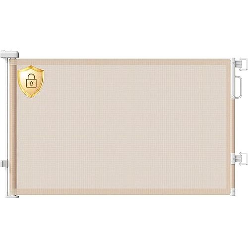Retractable Baby Gate for Stairs, 55" Wide Mesh Dog Gate Indoor, 34'' Tall Child Gate for Doorways, Hallways, Deck, Indoor Outdoor Pet Baby Safety Essentials for Home, Beige