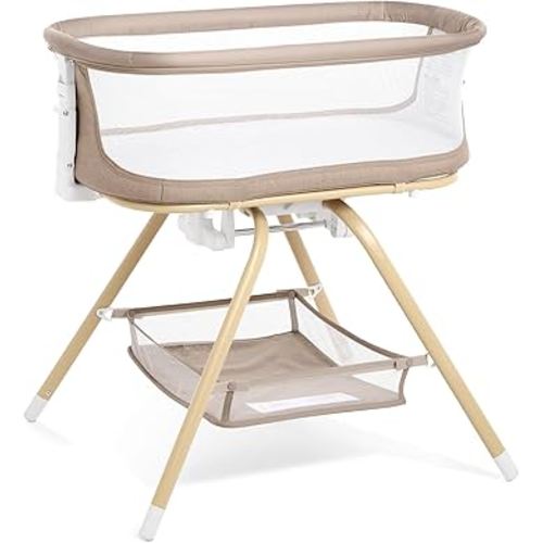ANGELBLISS 3 in 1 Baby Bassinet, Rocking Bassinets Bedside Sleeper with Calming Motion, Portable Nest for Newborn Infant, Breathable Mesh (Khaki)