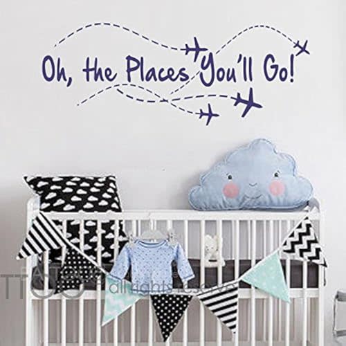 BATTOO Airplane Wall Decal - Oh The Places You'll Go - Pilot Quote - Boy & Girl Decor (Navy Blue, 22" W x 8.5" H)