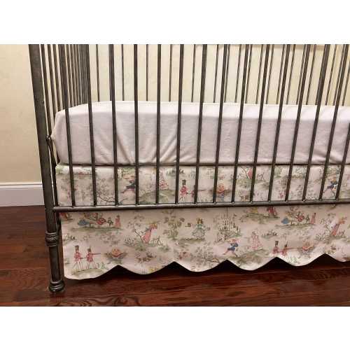 Nursery Rhyme Toile Scallop Edge Crib Skirt, Baby Boy, Baby Girl Crib Bedding, Blue, Green, Pink Crib Skirt