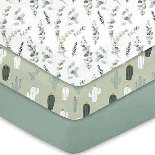 Little Grape Land Crib Sheets 3 Pack, Baby Crib Sheet Set for Standard Crib & Toddler Mattress, Super Soft Breathable Crib Mattress Sheets Fitted Girl & Boy, Leaves/Cactus/Solid Green Set