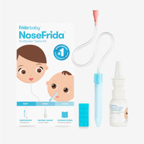 Frida Baby Saline Kit, Includes NoseFrida Nasal Aspirator for Baby, Baby Nose Sucker, Saline Nasal Spray for Babies with 10 Extra Hygiene Filters, Nasal Spray Decongestant, 0.68 fl oz