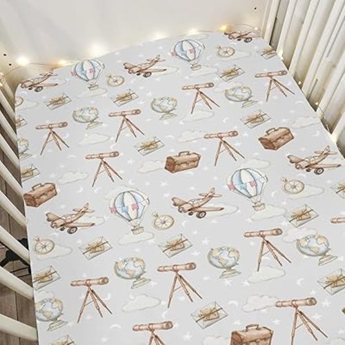 Adventure Baby Crib Sheets for Boy Girl 28"x52" Travel Planes Compass Luggage Globe Explore Soft Snug Fitted Crib Mattress Covers Holiday Vacation Baby Sheet for Standard Crib & Toddler Bed Mattress