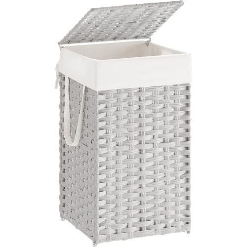 SONGMICS Laundry Hamper with Lid, 17.2 Gallon (65 L) Synthetic Rattan Clothes Laundry Basket with Lid and Handles, Foldable, Removable Liner, Cloud White ULCB165W01