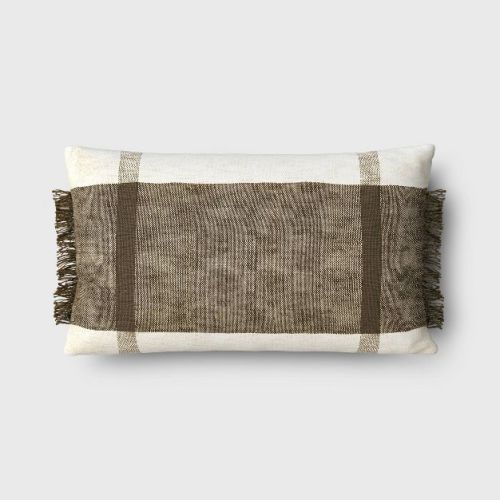 Oversized Textured Woven Cotton Striped Lumbar Throw Pillow Ivory/Dark Olive - Threshold™: Fringe Detail, Indoor Use