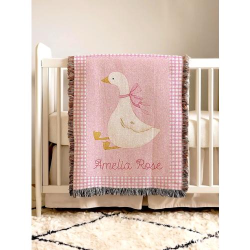 Goose Baby Blanket Girl with Name Gingham Pink Cotton Woven Fringe Blanket Farm Nursery Bedding Storybook Baby Blanket