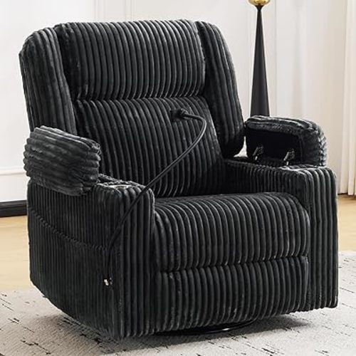 Oversized Power Recliner Chair with Massage and Heat,Swivel Rocker Recliner Chair for Adults with Arm Storage,Nursery Glider Recliner with Adjustable Headrest and Side Pockets,Phone Stand,Dark Grey