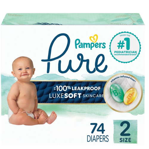 Pampers Pure Baby Diapers, Size 2 (12-18 lbs), 74, Up to 100% Leakproof, Premium Hypoallergenic Soft Diapers, 74CT