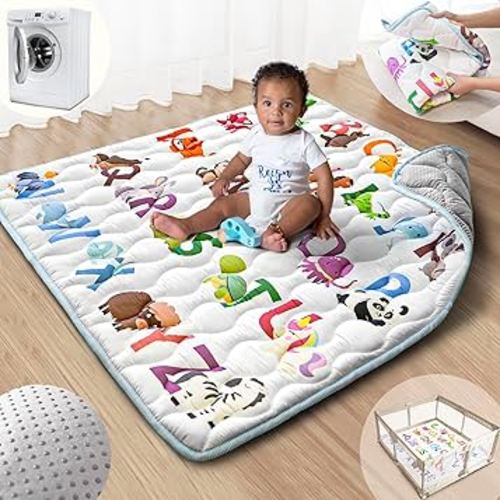 Baby Play Mat, 43x43 Mat with Super Soft Touch, Activity Mat with Upgraded Anti-Slip Bottom, Machine Washable Crawling Mat for Floor & Picnic(Animal Alphabets)