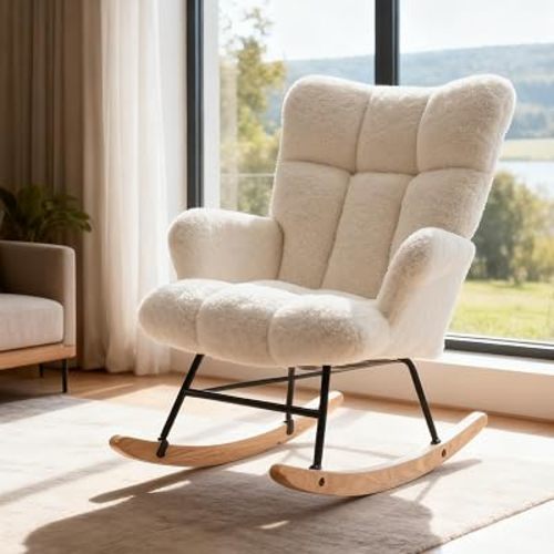 Nurseny Rocking Chair, Upholstered Glider Rocker Accent Chair with High Backrest and Cozy Cushion, Papasan Reading Armchair for Living Room, Bedroom, or Study, Ivory White