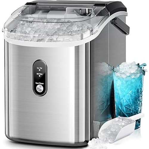 Kismile Nugget Ice Makers Countertop, Portable Sonic Ice Machine with Self-Cleaning/One-Click Operation for Home/Office(Silver)