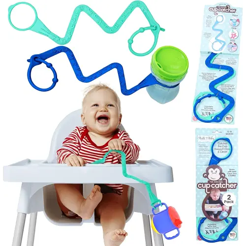Sippy Cup Catcher - 2-Pack - Patented Safety Tether Holder for Sippy Cup, Bottle, Toy, Pacifier Strap to Attach to Strollers, High Chairs, Car Seats & More Aqua & Navy