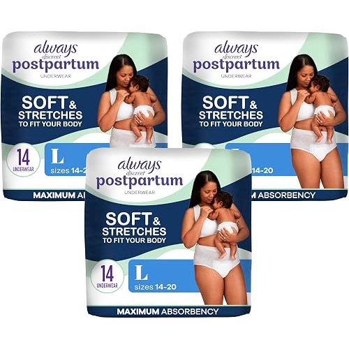 Always Discreet Postpartum and Adult Incontinence Underwear for Women, Large, Maximum Protection, 14 Count (Pack of 3)