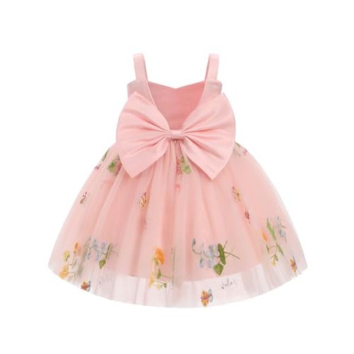 IBTOM CASTLE Toddler Baby Flower Girl Dress Floral Embroidery Pleated Tulle Bowknot Birthday Party Pageant Tutu Dress