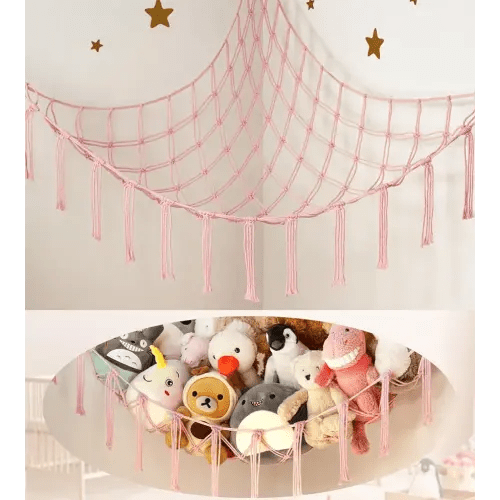 Large Stuffed Animal Storage Hammock Corner Net - Pink Room Decor for Teen Girls - Toys Storage Hanging Stuff Animal Organizer Holder Cute Stuff - Boho Nursery Dorm Bedoom Decor Aesthetic