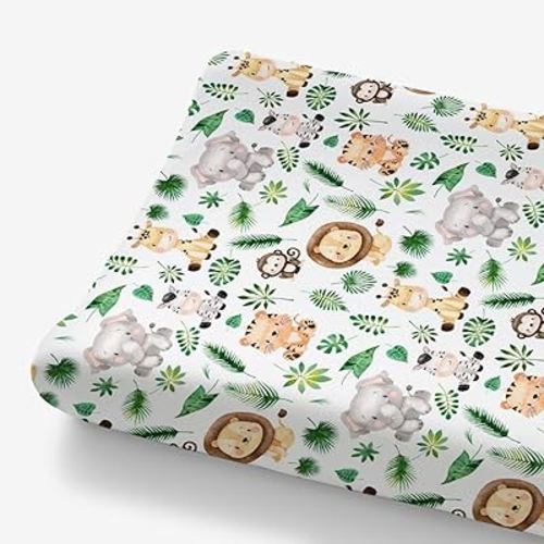 African Safari Jungle Animal Eucalyptus Leaf Changing Pad Cover Baby Girl Boy, Giraffe Elephant Lion Palm Leaf Diaper Change Table Sheet, Stretchy Safe Snug Fitted Changing Mat 32"/34" x 16"