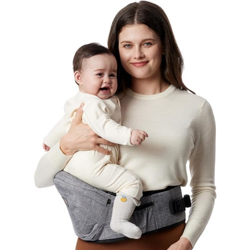 Momcozy Hip Seat Baby Carrier - Adjustable Waistband with Original 3D Belly Protector, Ergonomic Carrier with Various Pockets for Newborns & Toddlers up to 45lbs (Grey, Medium)