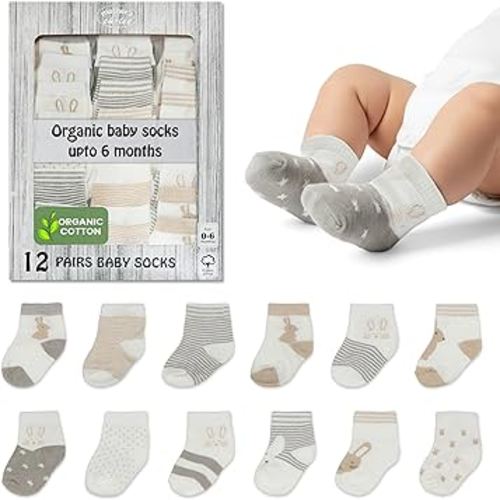 Mother's Choice Organic Cotton Baby Socks 0-6 Months, 12 Pairs Unisex - Soft & Hypoallergenic Baby Girl & Boys Socks (US, Age, 0 Months, 6 Months, Brown,Gray,White)