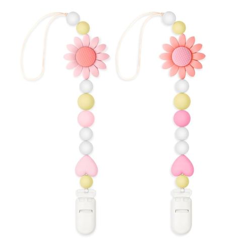 Silicone Pacifier Clip, 2 Pack Pacifier Holder for Boys and Girls, Adorable Sunflower Pacifier Strap Fits for Most Pacifier, Baby Teethers and Toy Straps (Light Pink&Pink)