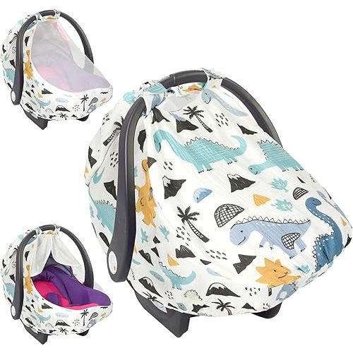 Fiwochic Baby Car Seat Cover Infant Windproof Carseat Canopy Stretchy with Extra Large Mesh Window Newborn Stroller Carrier Cover for Babies Boys and Girls Shower Gifts All Seasons
