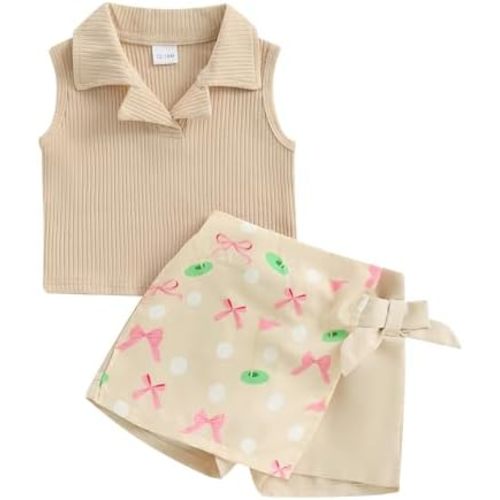 Madjtlqy Toddler Baby Girls Summer Outfit Sleeveless Ribbed Collared Tank Tops + Floral Skirt Shorts Set Kids Cute Clothes