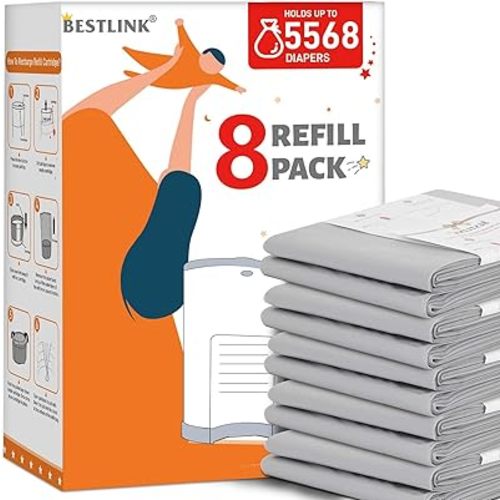 8 Pack Refills Compatible with DEKOR PLUS Diaper Pails | 20% Extra Length Diaper Pail Refill Bags Liners Holds 5568 Diapers | Ultimate Odor Control with Baby Scented