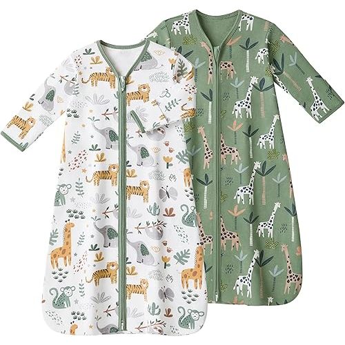 Baby Sleep Sack 0-6 Months, Long Sleeve Baby Wearable Blanket 0.5 Tog with Mittens, 2-Way Zipper Newborn Cotton Sleeping Sack for Boy and Girl Green Giraffe 2 Pack (Small)