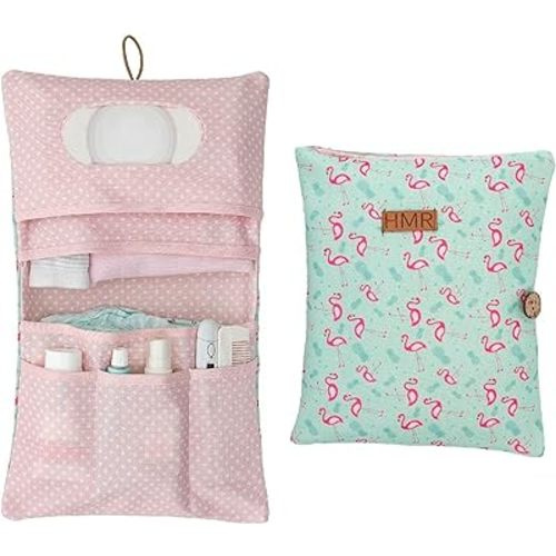 HAMUR Baby Bag Organizer, Portable Stroller Mini Diaper Bag Pouches Travel Gear, Foldable Newborn Baby Essentials Carriage Bag for Boys & Girls (Flamingo)